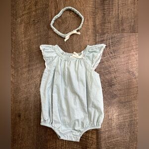 Shabby Chic Baby Girl Bubble Romper Teal 6-9m